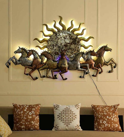 7 Running Horses with Sunrise LED metal wall art