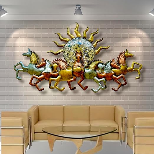 Colorful 7 Horses with Sun metal wall art