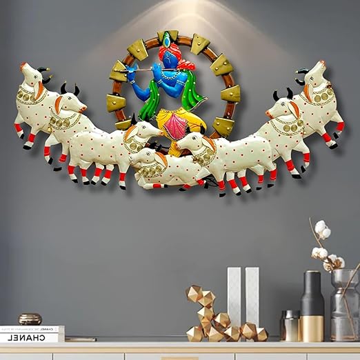 Krishna playing flute with cows metal wall art