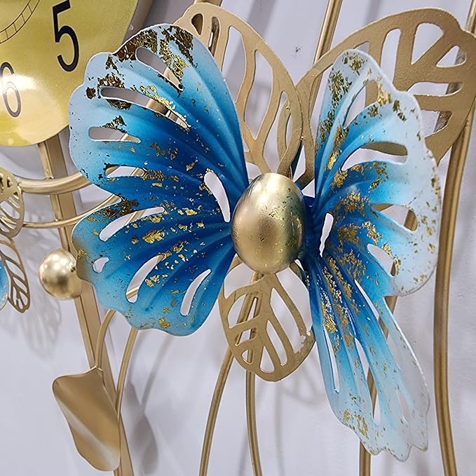 Metal wall clock with peacock and butterfly