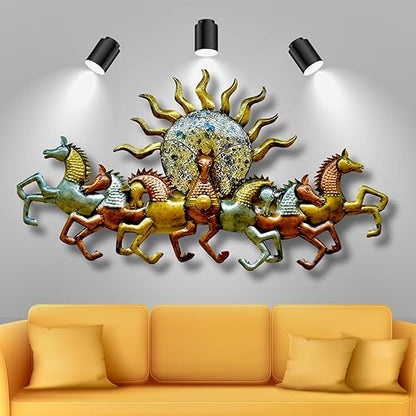 Colorful 7 Horses with Sun metal wall art