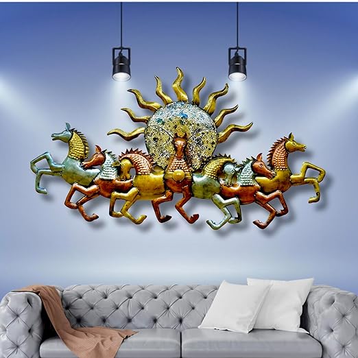 Colorful 7 Horses with Sun metal wall art