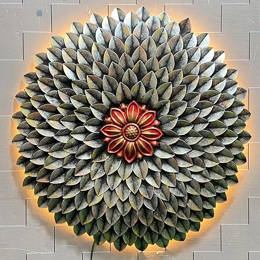 Urban circular metal flower wall art with LED lights