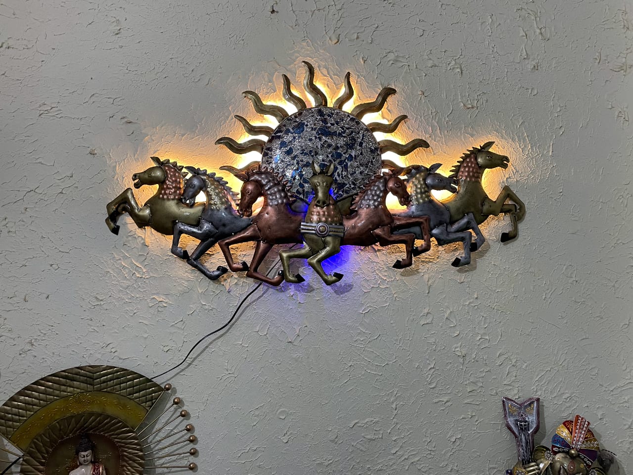 7 Running Horses with Sunrise LED metal wall art