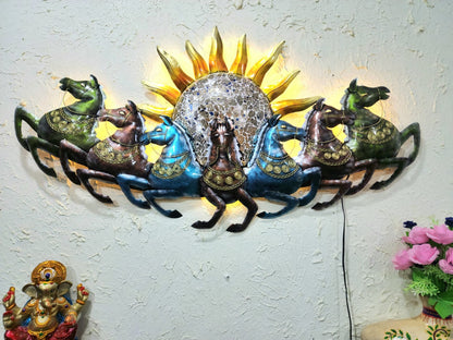 Multicolor 7 running Horses with Sun metal wall art