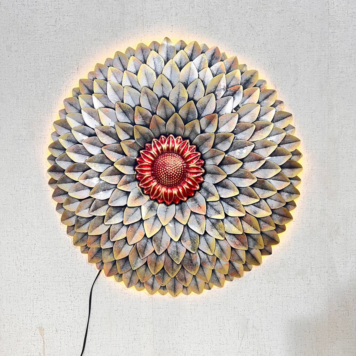 Urban circular metal flower wall art with LED lights