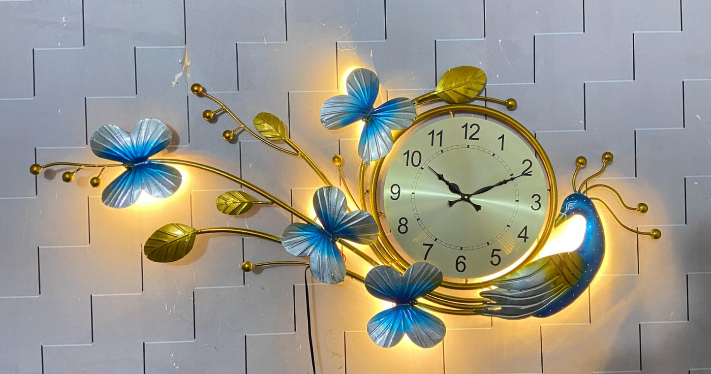 Metal wall clock with peacock and butterfly